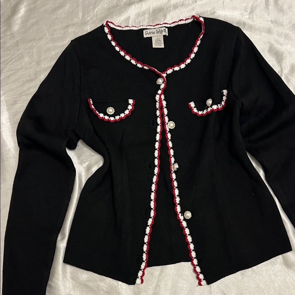 Chic Black Cardigan with Red and White Trim